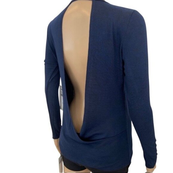 Womens Navy Open-Back Long Sleeve Top S Karma Stretchy Fabric Casual Fit Round - Picture 3 of 13